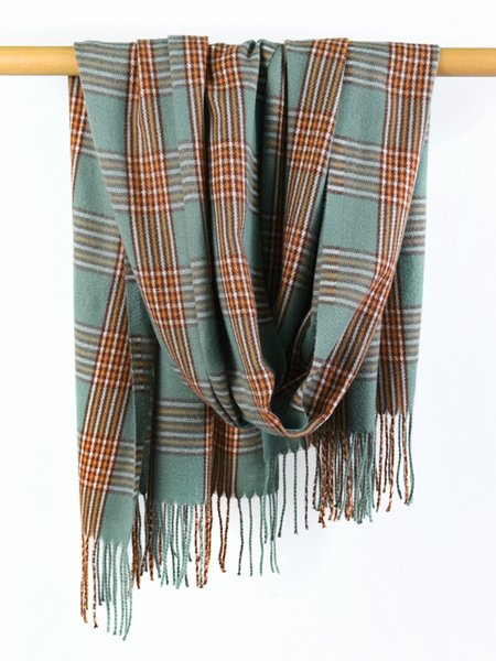 

Cashmere Check Fringed Scarf, Green, Scarves&Gloves