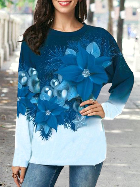 

Round Neck Floral Casual Shirts & Tops Blue gradient floral pearl pattern top, Royal blue, Long sleeve tops
