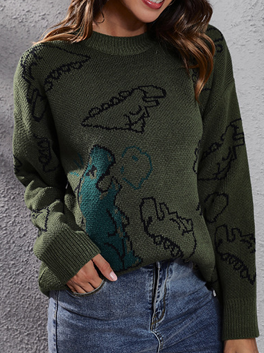 

New autumn and winter dinosaur cartoon jacquard off shoulder knitted loose sweater, Army green, Sweaters & Cardigans