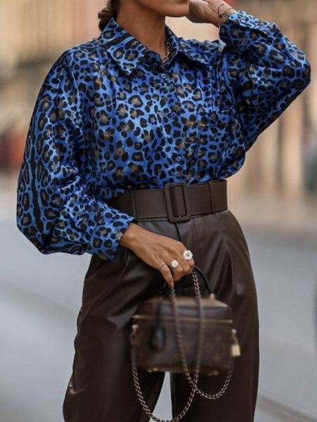 

Fall Work Formal Daily Non-Stretch Loosen Lightweight Long sleeve Tops, Leopard, Blouses and Shirts