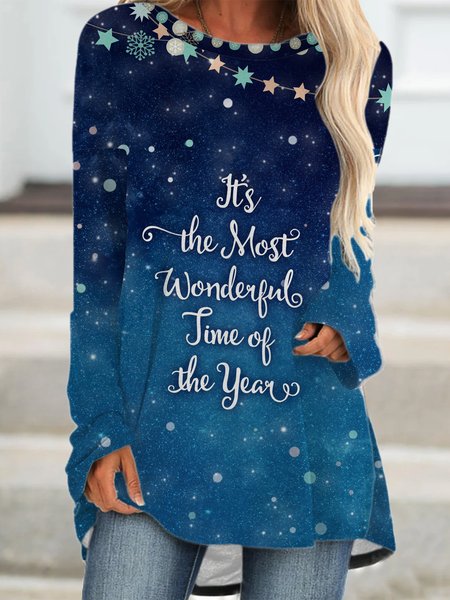 

Christmas gradient print round neck long sleeve mini dress, As picture, Dresses