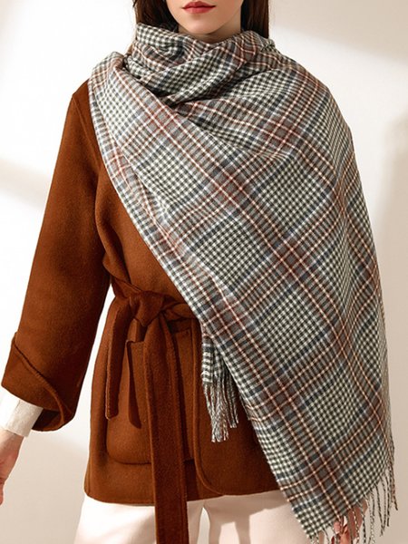 

Elegant Warm Fringed Plaid Scarf, Dark brown, Scarves&Gloves