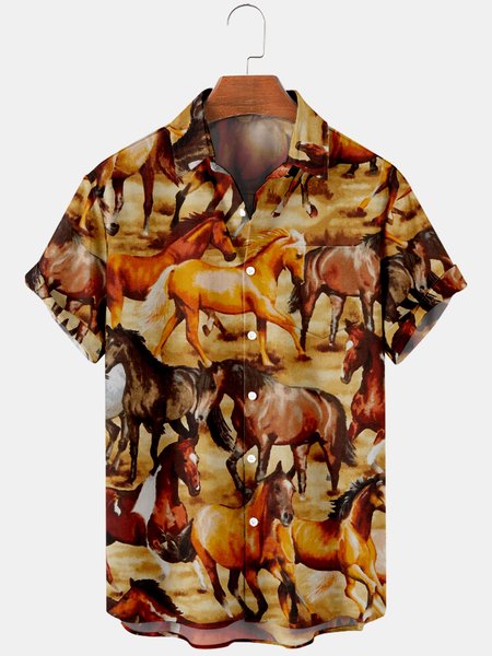 

Mens Horses Print Casual Breathable Chest Pocket Short Sleeve Hawaiian Shirts, Khaki, Men's Floral shirt