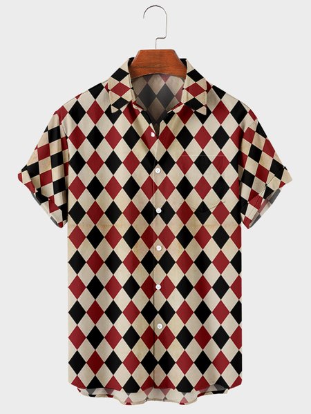 

Short Sleeve Checked/Plaid Shirt Collar Shirts, Red, Men's Floral shirt