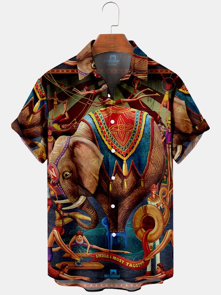 

Mens Circus Joker Elephants Print Casual Breathable Chest Pocket Short Sleeve Hawaiian Shirts, Brown, Men's Floral shirt