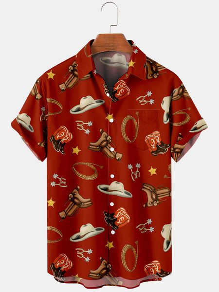 

Mens Cowboy Boots Hats Print Casual Breathable Chest Pocket Short Sleeve Hawaiian Shirts, Red, Men's Floral shirt
