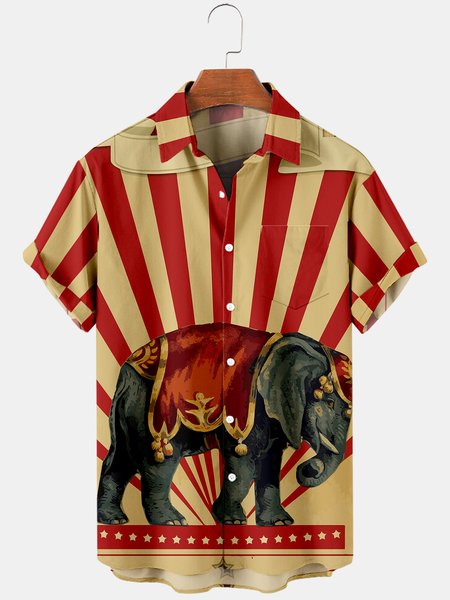 

Mens Circus Elephants Show Print Casual Breathable Chest Pocket Short Sleeve Hawaiian Shirts, Khaki, Men's Floral shirt