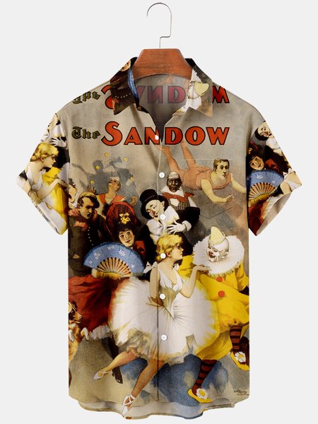 

Mens Circus Joker Dancing Print Casual Breathable Chest Pocket Short Sleeve Hawaiian Shirts, Khaki, Men's Floral shirt