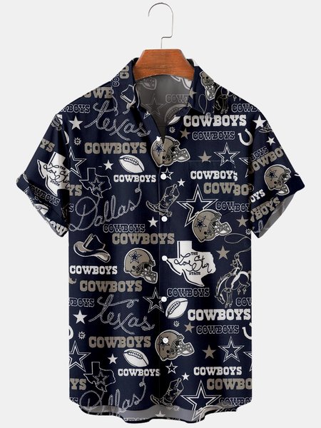 

Mens Cowboys Print Casual Breathable Chest Pocket Short Sleeve Hawaiian Shirts, Navy blue, Shirts ＆ Blouse