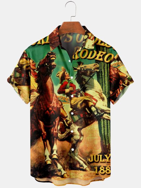 

Mens Cowboys Western Life Print Casual Breathable Chest Pocket Short Sleeve Hawaiian Shirts, Green, Men's Floral shirt