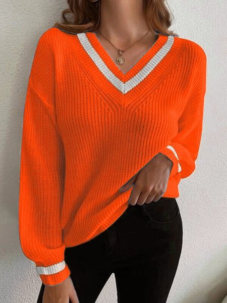 

V Neck Loosen Acrylic Casual Sweater, Orange, Sweaters