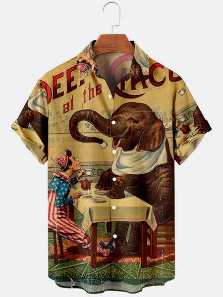 

Mens Circus Joker Elephants Show Print Casual Breathable Chest Pocket Short Sleeve Hawaiian Shirts, Khaki, Men's Floral shirt