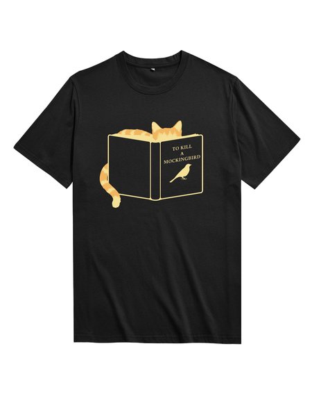 

Unocis Cat Printed Crew Neck Short Sleeve T-Shirt, Black, T-shirts