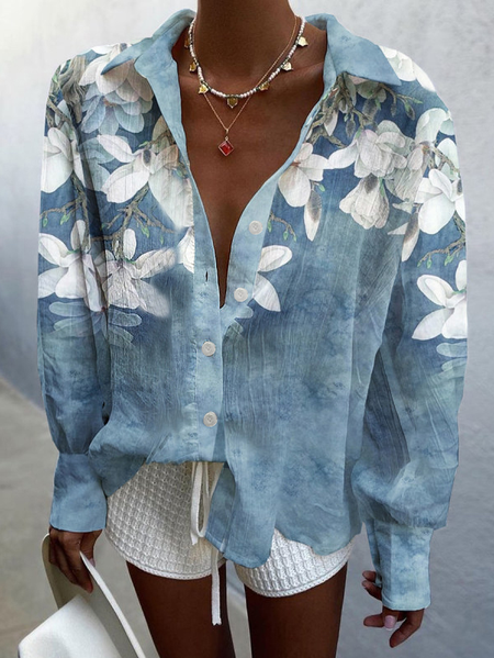 

Shirt Collar Loosen Cotton Blends Bishop Sleeve Shirts & Tops, Blue, Shirts & Blouses