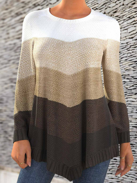 

Long sleeve round neck geometric stripe sweater, Khaki, Sweaters & Cardigans
