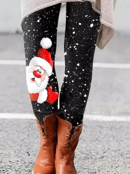 

Women Black Christmas Cute Santa Claus With Snow Leggings, Leggings