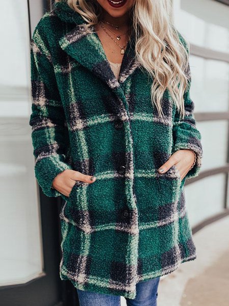 

Winter long-sleeved button lapel casual warm plaid long woolen coat Casual Outerwear, Green, Coats