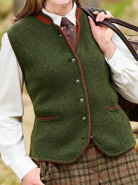 

Vintage Plain Regular Fit Plain Vest, Green, Long sleeve tops