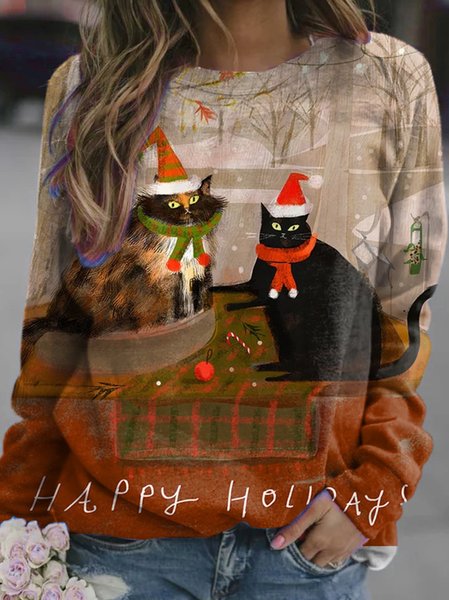 

Happy Holidays Cozy Window Cats Casual Sweatshirt, As picture, Hoodies&Sweatshirts