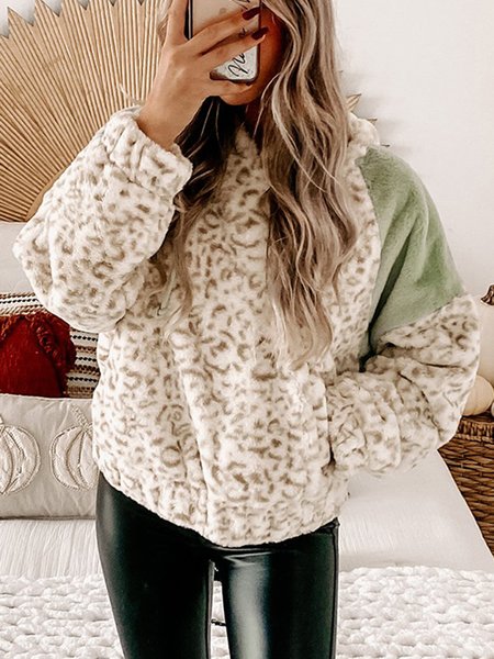 Leopard Grain Stitching Color Casual Sweatshirt, White, Sweatshirts & Hoodies