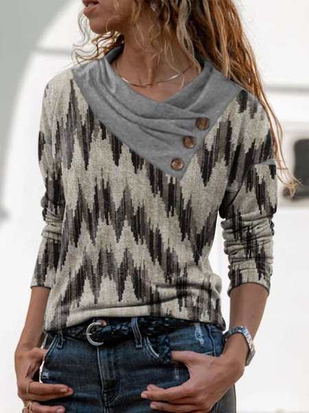 

Casual Long Sleeve V Neck Printed Top, Multicolor, Tops