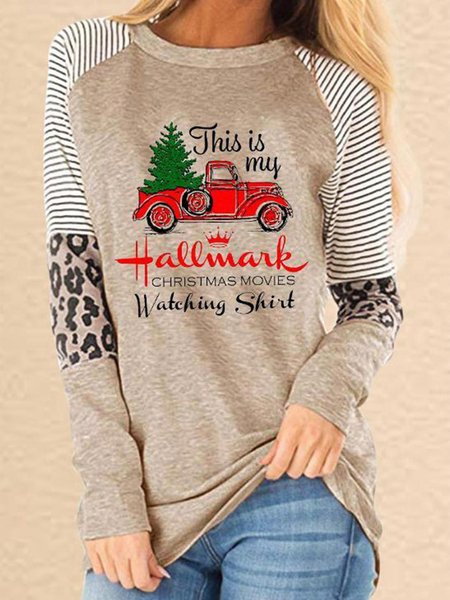 

Chirstmas Leopard Striped Casual Crew Neck Long Sleeves Shirts & Tops, Khaki, Tops