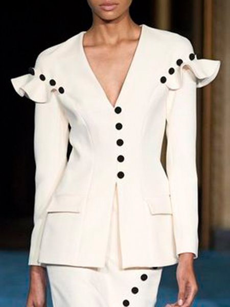 

Elegant V Neck Plain Regular Fit Outerwear, White, Coats