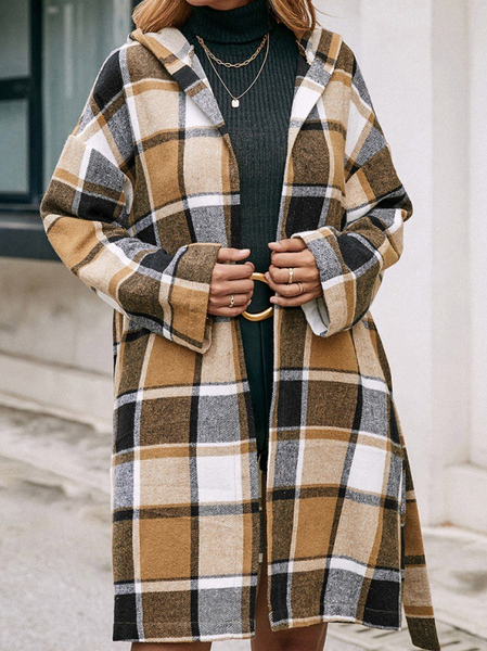 

Khaki Hooded Checked/Plaid Loosen Outerwear, Outerwear
