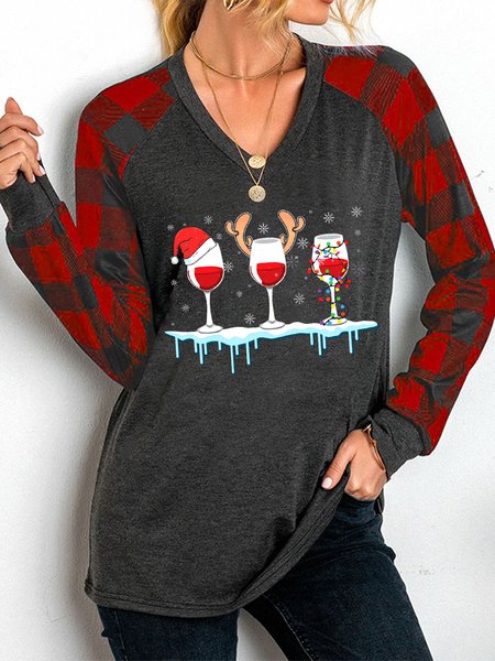 Xmas Wine Glasses Casual Cotton Blends Sweatshirt, Red, Hoodies&Sweatshirts