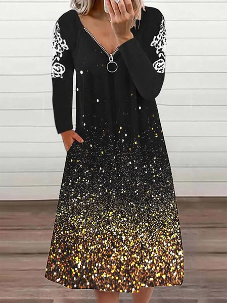 

Black Zipper Print Long Sleeve Printed Dresses, Tie dye dress