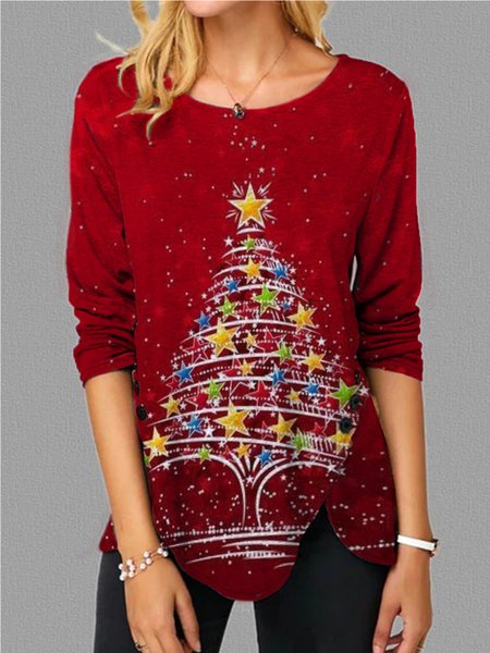 

Casual Crew Neck Printed Long Sleeve Shirts & Tops, Red, Tops