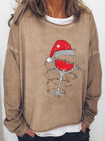 

Xmas Wine Glasses Crew Neck Casual Cotton Blends Sweatshirt, Khaki, Hoodies&Sweatshirts