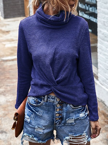 

High Neck Long Sleeve Vintage Sweater, Blue, Sweaters & Cardigans