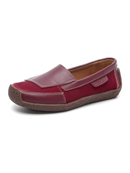 Cowhide Casual Stitching Flat Shoes, Wine red, Flats