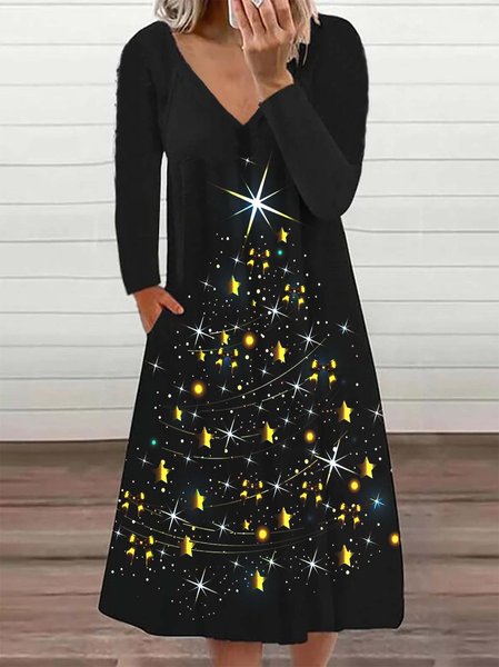 

Christmas Tree Print V-neck Long Sleeve Casual Midi Dresses, Black, Midi Dresses