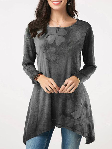 

Hippie Plants Clover Printed Long Sleeves Shirts & Tops, Gray, Tops