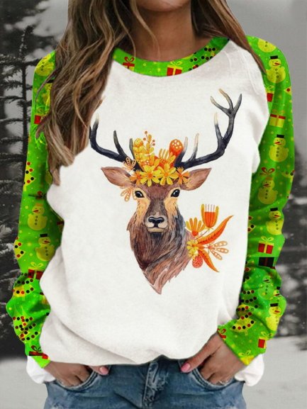 

Christmas Deer Printed Snowman Color-block Long Sleeve Crew Neck Plus Size Casual Sweatshirts, Green, Hoodies & Sweatshirts