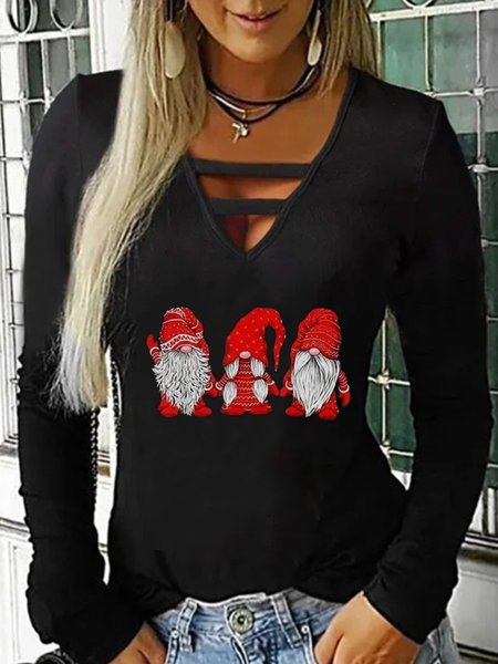 

Casual V neck Printed Long Sleeve Shirts & Tops, Black, Tops