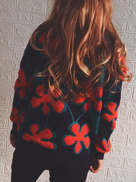 

Flower Long-Sleeved Knitted Pullover Vintage Sweater, Orange, Sweaters