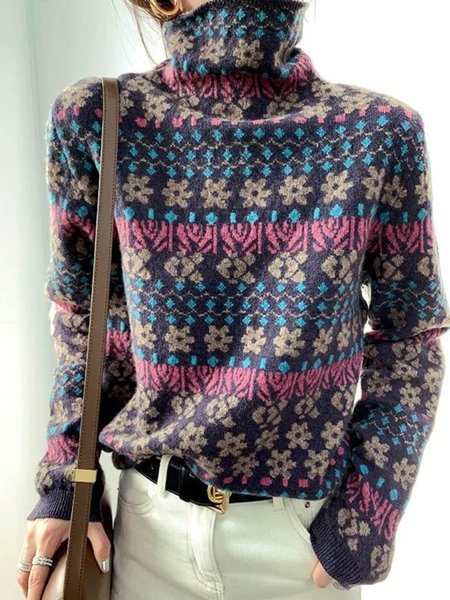 

Jacquard Vintage High Neck Sweater, Multicolor, Pullovers