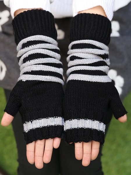 

Simple Striped Knitted Warm Gloves, Black, Scarves&Gloves