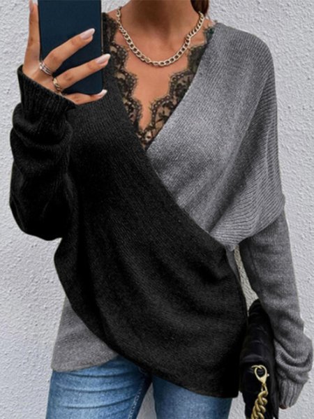 

Long Sleeve Solid Lady Regular Fit Sweater, Black-grey, Pullovers