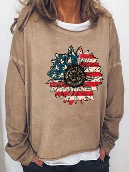 

US Flag Sunflower Crew Neck Sweatshirts, Light brown, Hoodies&Sweatshirts