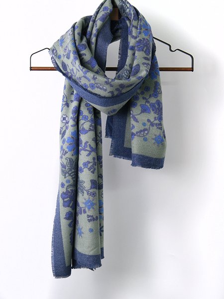 

Ethnic Flower Print Fringed Scarf, Blue, Scarves&Gloves