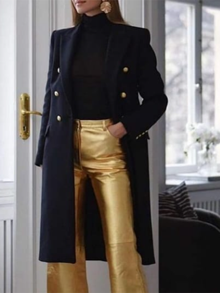 

Lapel Long sleeve Elegant Solid Outerwear, Black, Coats