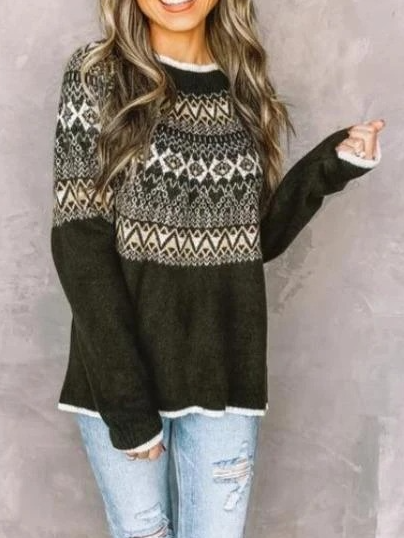 

Fashion retro print crew neck Ethnic Sweater, Olive green, Sweaters
