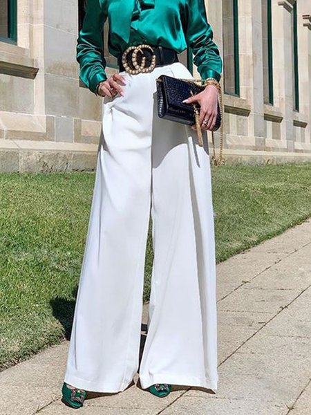 

Elegant Regular Fit Solid Pants, White, Wide Leg Pants