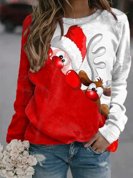 

Christmas Printed Long Sleeve Crew Neck Sweatshirt, Red, T-Shirts