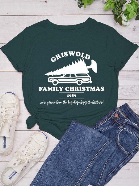 

Griswold Family Christmas 1989 Crew Neck Cotton Blends Casual Shirts & Tops, Dark green, T-shirts