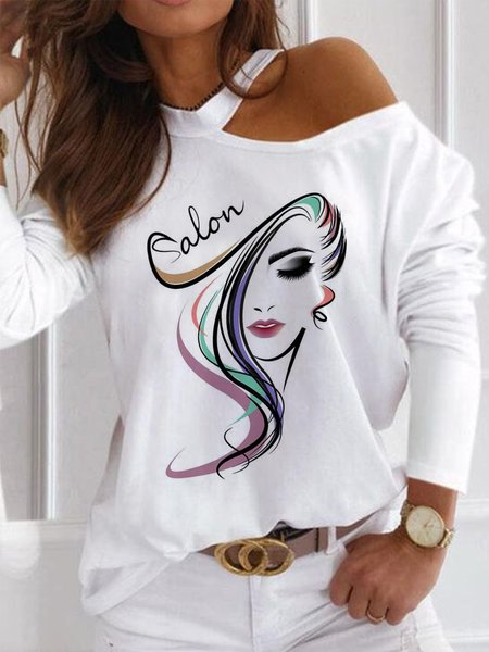

Crew Neck Loosen Casual Shirts & Tops, White, T-Shirts